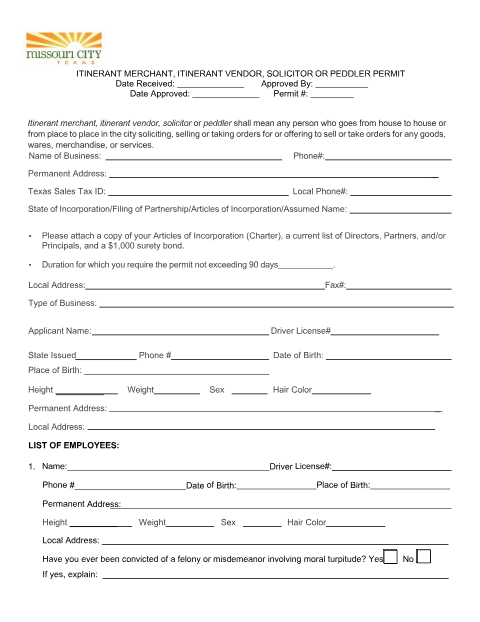 First page of the Itinerant Merchant, Itinerant Vendor, Solicitor or Peddler Permit
