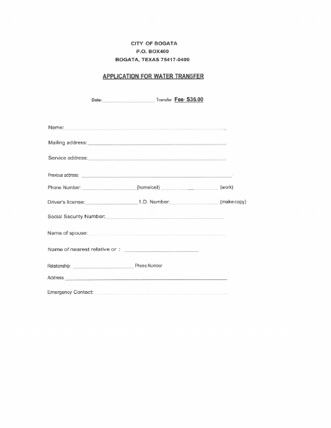 First page of the Transfer Application