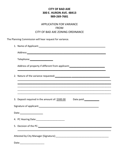 First page of the Application for Variance From Zoning Ordinance