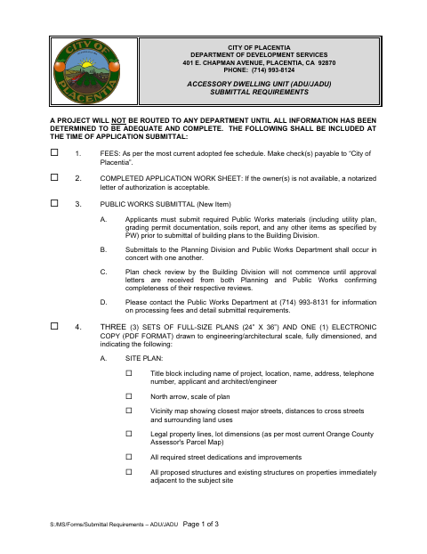 First page of the Accessory Dwelling Unit (ADU/JADU) Submittal Requirements