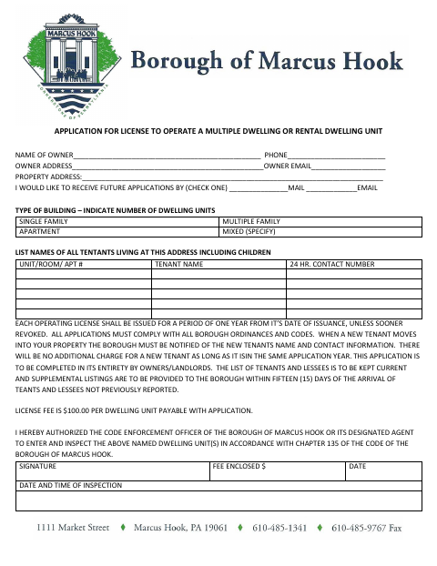 First page of the Application for License to Operate a Multiple Dwelling or Rental Dwelling Unit