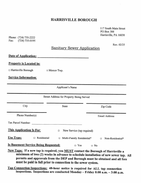 First page of the Sanitary Sewer Application