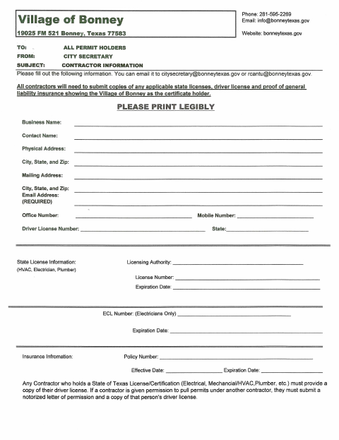First page of the Contractor Information Form