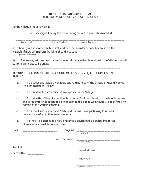 First page of the Residential or Commercial Building Water Service Application