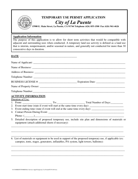 First page of the Temporary Use Permit – Outdoor Event Application