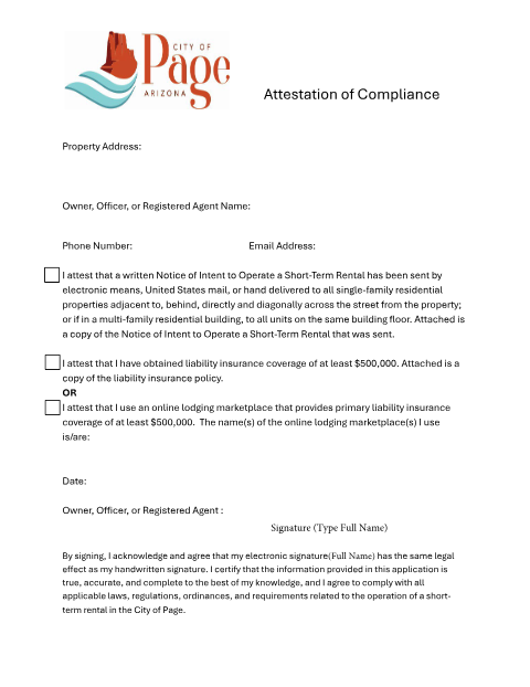 First page of the Short-Term Rental Attestation of Compliance