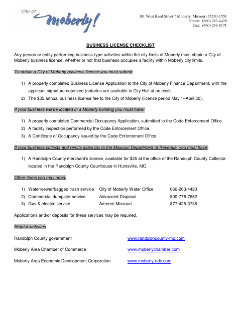 First page of the Business License Application