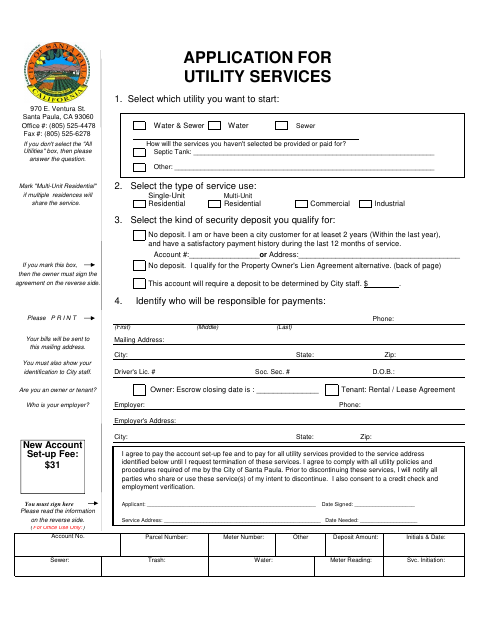 First page of the Utility Services Application