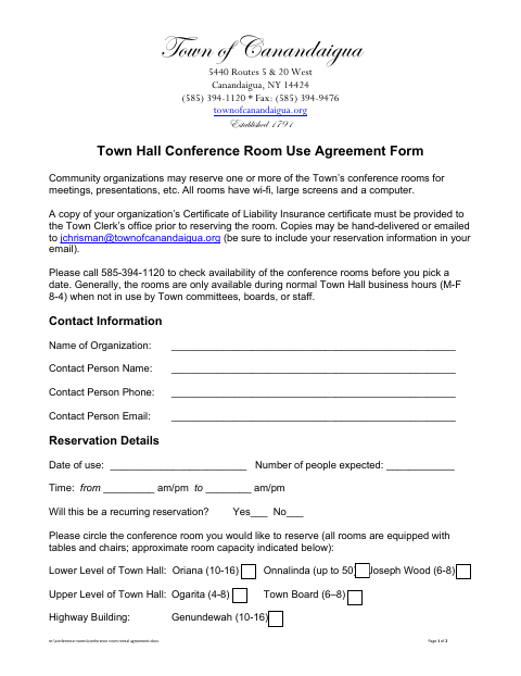 First page of the Town Hall Conference Room Use Agreement