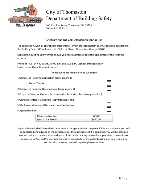 First page of the Special Use Application