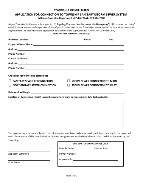 First page of the Application for Connection to Township Sanitary/Storm Sewer System