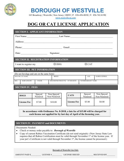 First page of the Dog or Cat License Application