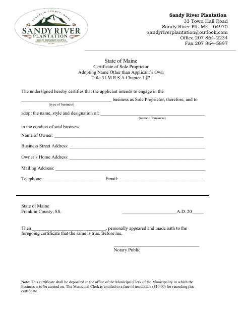 First page of the Sole Proprietor Certificate for Adopting a Business Name