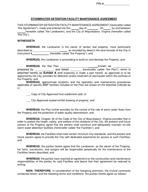 First page of the Stormwater Detention Facility Maintenance Agreement