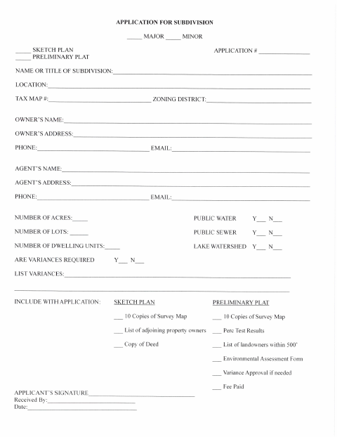 First page of the Subdivision Application