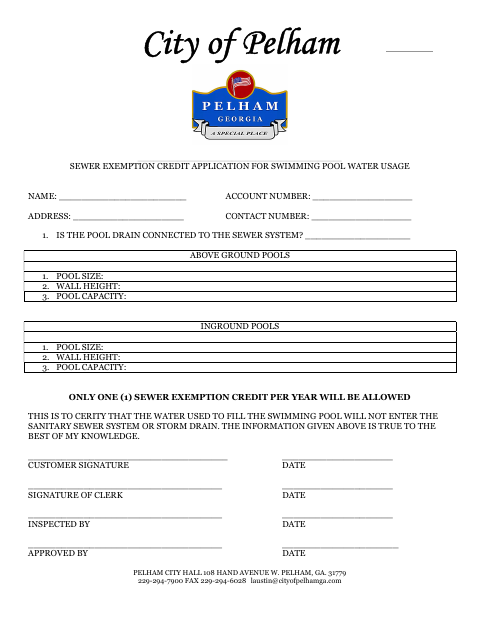 First page of the Sewer Exemption Credit Application for Swimming Pool Water Usage