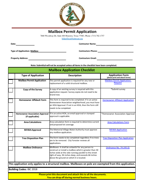 First page of the Mailbox Permit Application