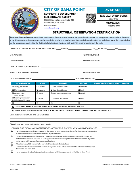First page of the Structural Inspections and Observations Certification