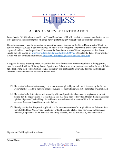 First page of the Asbestos Survey Certification
