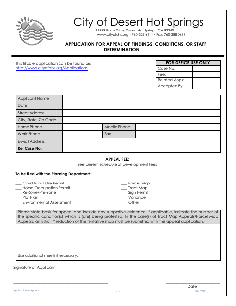 First page of the Application for Appeal of Findings, Conditions, or Staff Determination