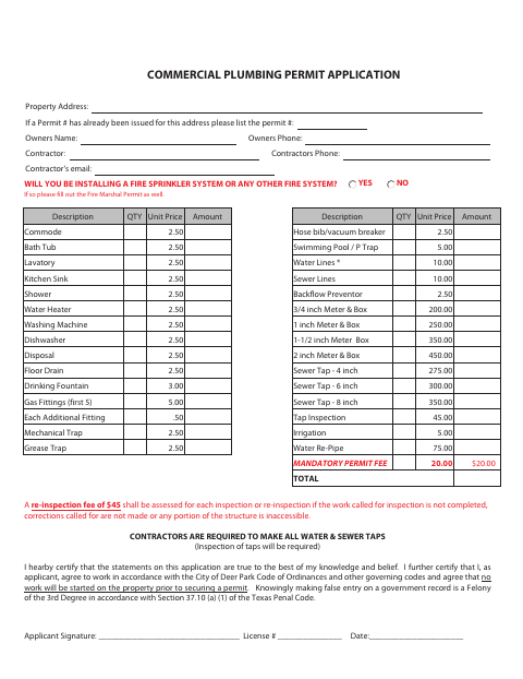First page of the Commercial Plumbing Permit Application