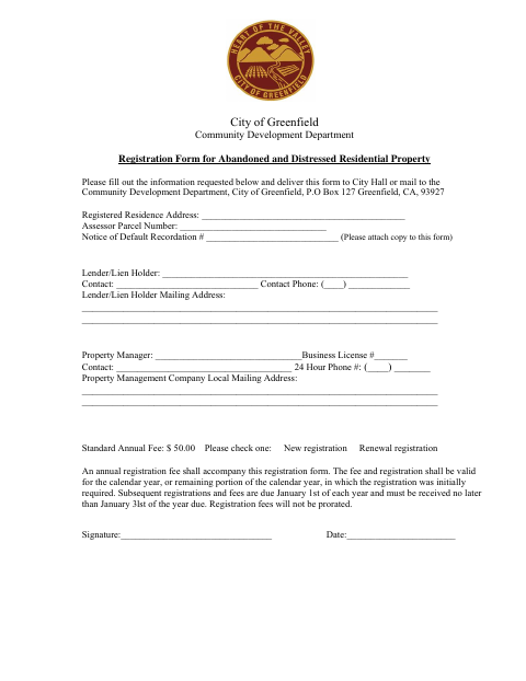 First page of the Abandoned and Distressed Residential Property Registration Form