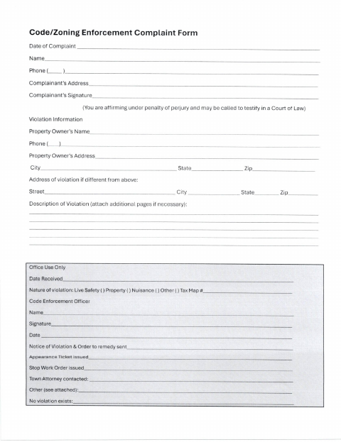 First page of the Code/Zoning Enforcement Complaint