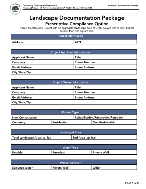 First page of the Landscape Documentation Package Prescriptive Compliance