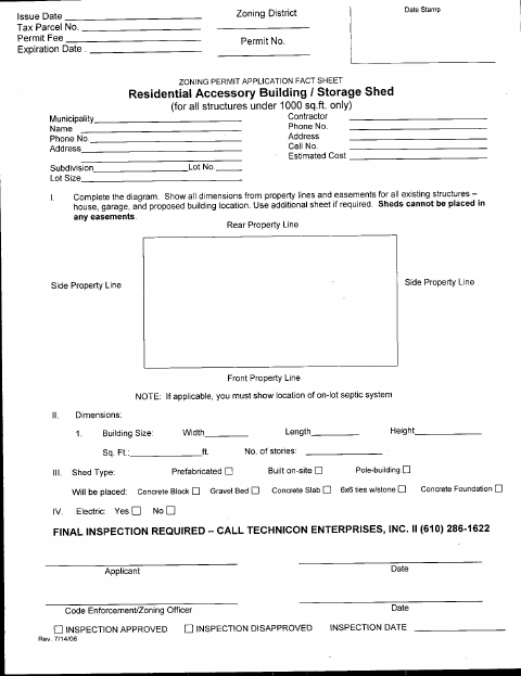 First page of the Fence and Storage Shed Zoning Application
