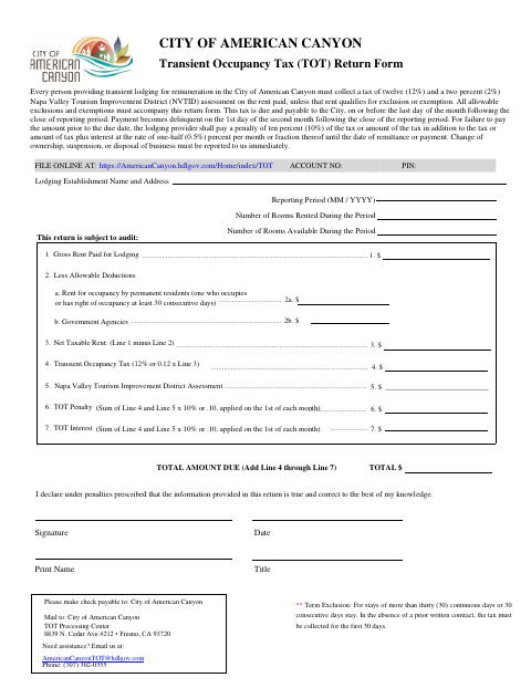 First page of the Transient Occupancy Tax Return Form