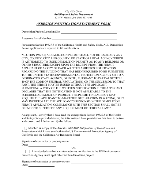 First page of the Asbestos Notification Statement Form