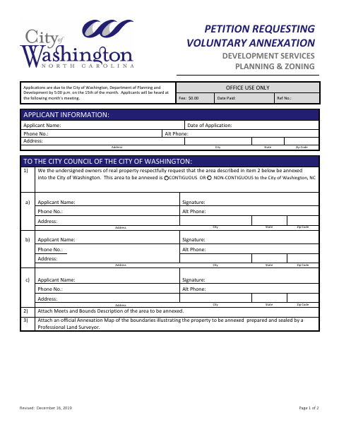 First page of the Petition Requesting Voluntary Annexation