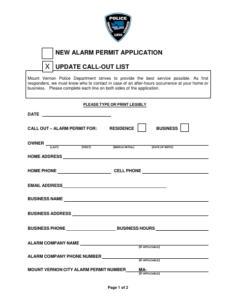 First page of the New Alarm Permit Application Update Call-Out List