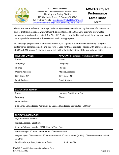 First page of the MWELO Project Performance Compliance Form