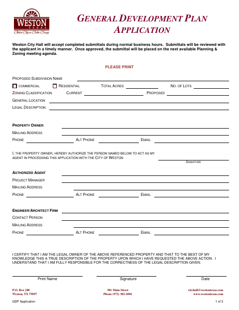 First page of the General Development Plan Application