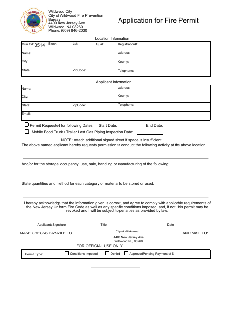 First page of the Application for Fire Permit Mobile Food Truck / Trailer