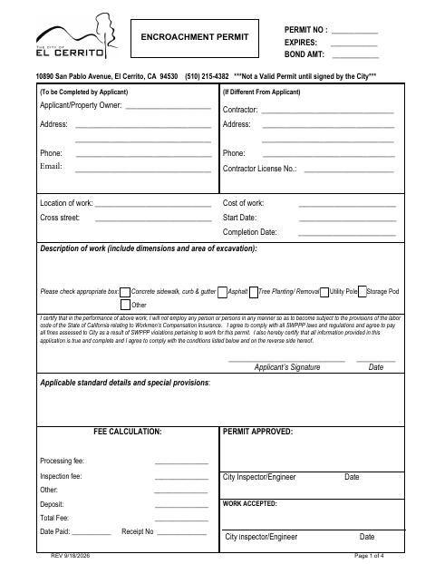 First page of the Encroachment Permit Application