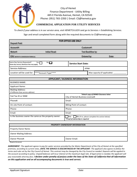 First page of the Commercial Application for Utility Services