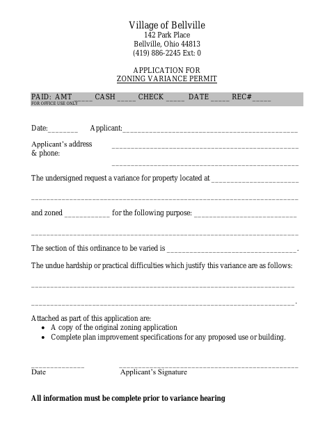 First page of the Application for Zoning Variance Permit