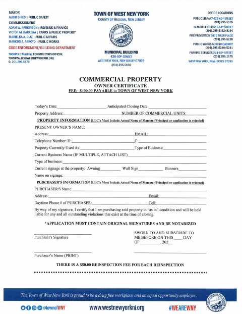 First page of the Commercial Property Owner Certificate Application