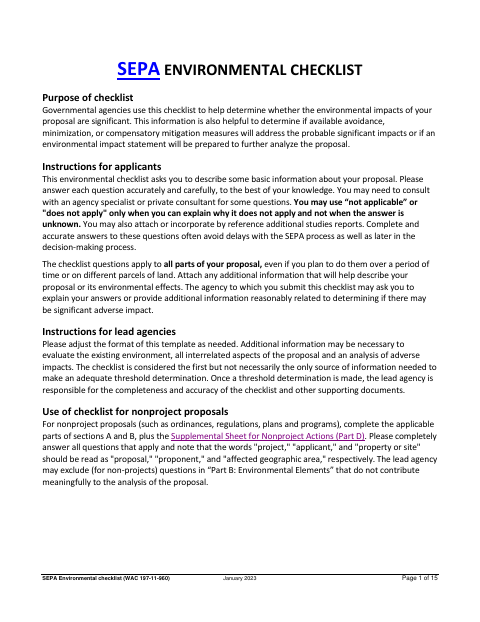 First page of the SEPA Environmental Checklist