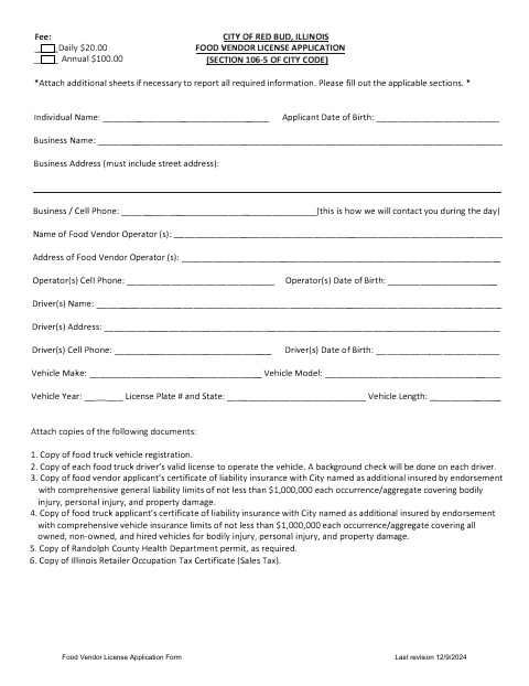 First page of the Food Vendor License Application