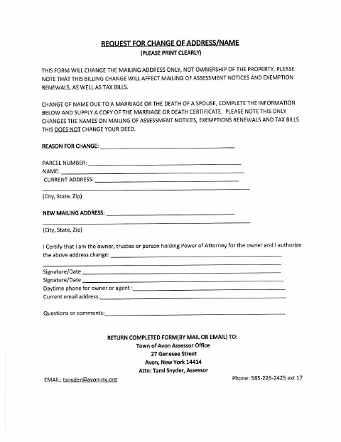 First page of the Request for Change of Address/Name Form