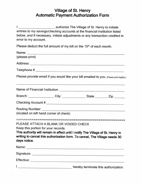 First page of the Utilities Auto Pay Authorization Form