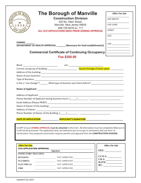First page of the Commercial Certificate of Continuing Occupancy