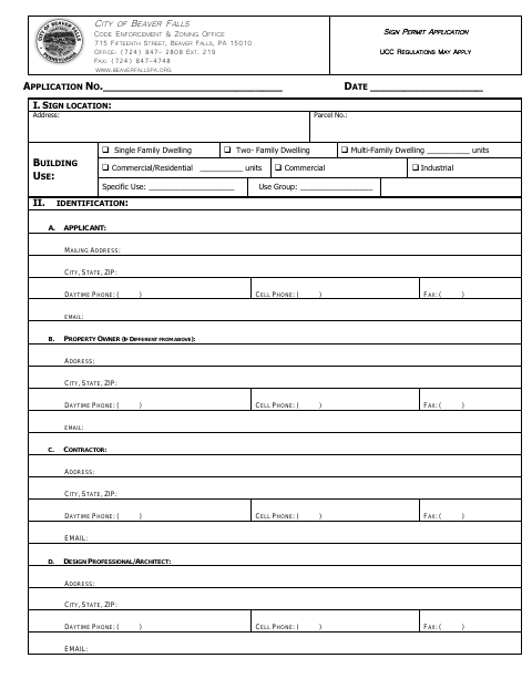 First page of the Sign Permit Application (UCC Regulations May Apply)