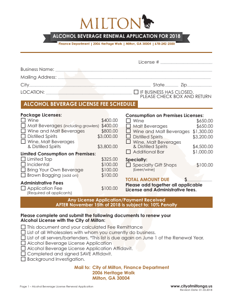 First page of the Alcohol Beverage License Renewal Application