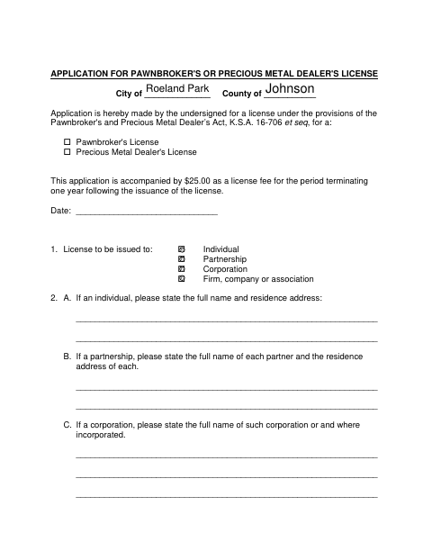 First page of the Pawnbroker or Precious Metal Dealer License Application