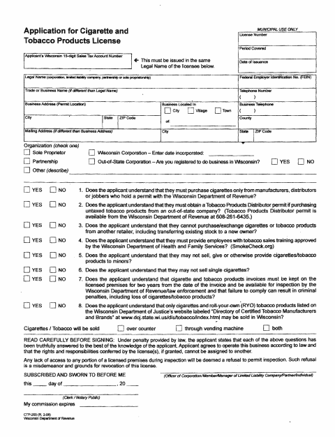 First page of the Application for Cigarette and Tobacco Products License