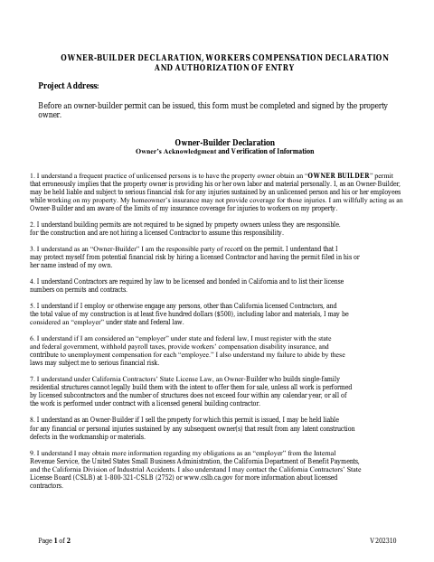 First page of the Owner-Builder Declaration Form